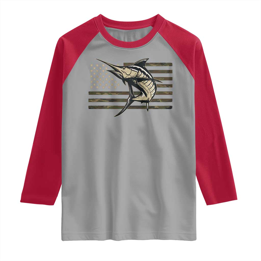 Fishing Camouflage US Flag Raglan Shirt Swordfish Fish Fisherman Camo - Wonder Print Shop