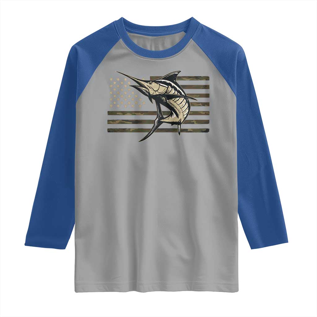 Fishing Camouflage US Flag Raglan Shirt Swordfish Fish Fisherman Camo - Wonder Print Shop