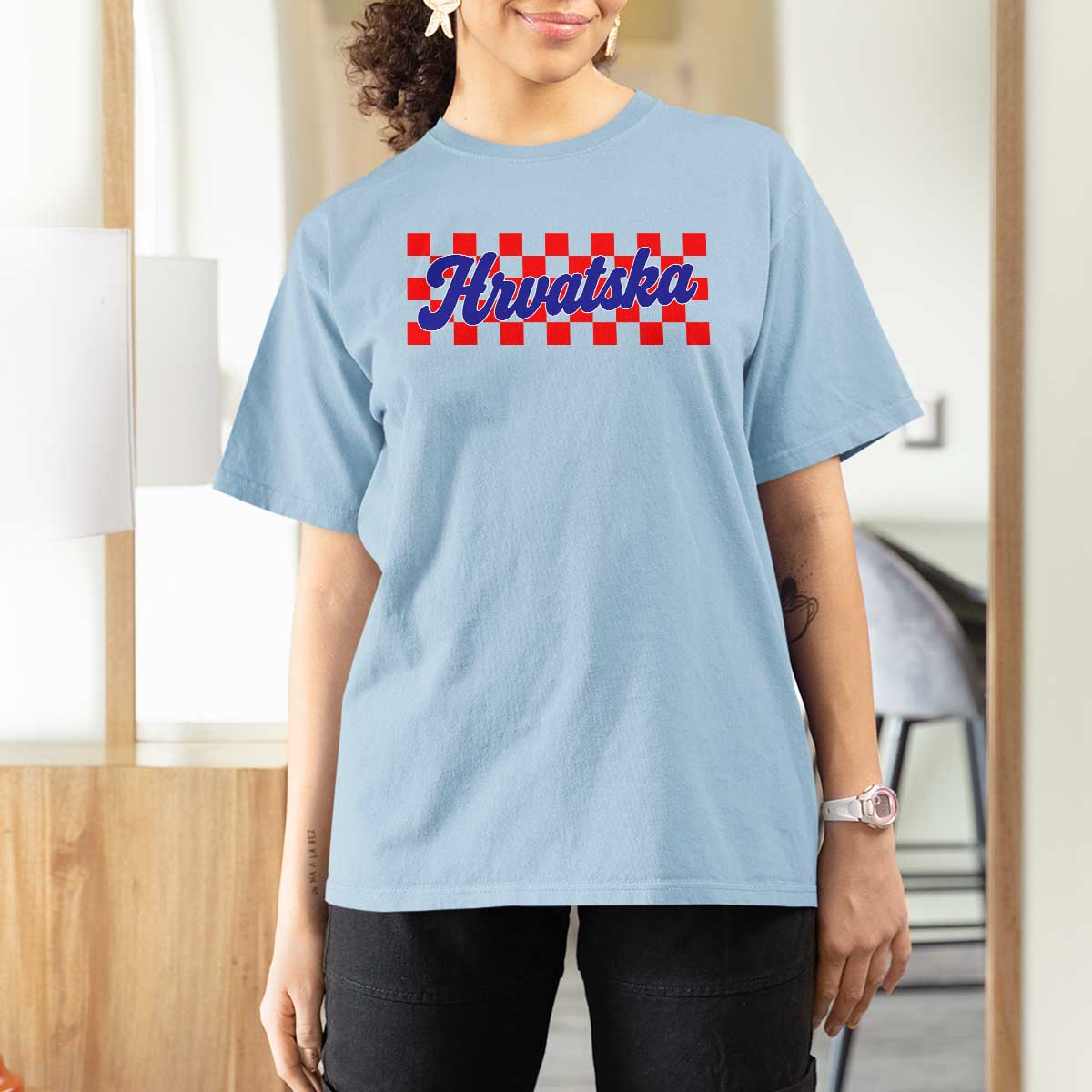Hrvatska T Shirt For Women Checkered Retro Croatia Zagreb Croatian