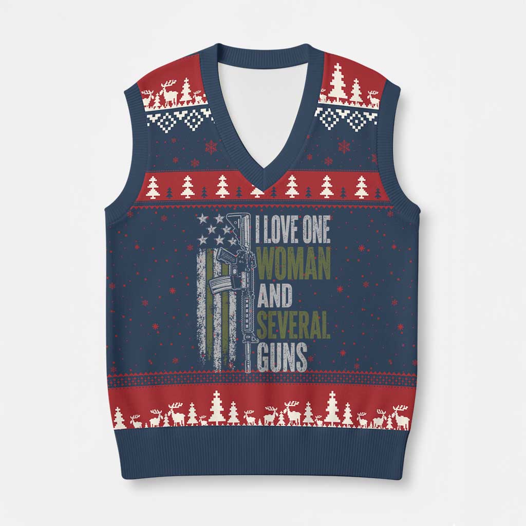I Love One Woman And Several Guns V-Neck Knit Sweater Vest Vintage American Flag Funny Husband Gun Lover