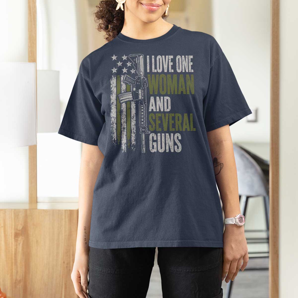 I Love One Woman And Several Guns T Shirt For Women Vintage American Flag Funny Husband Gun Lover