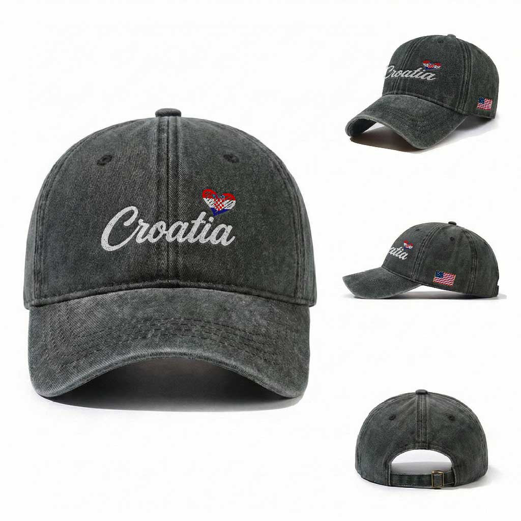 Croatia Washed Cotton Baseball Cap Hrvatska Simple Love Croatian Flag Heart
