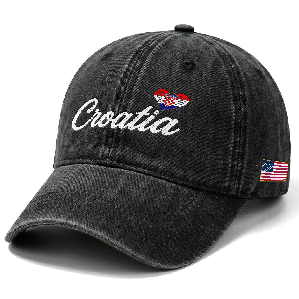 Croatia Washed Cotton Baseball Cap Hrvatska Simple Love Croatian Flag Heart