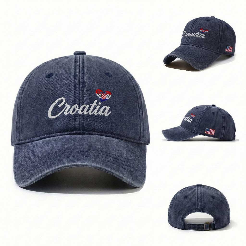 Croatia Washed Cotton Baseball Cap Hrvatska Simple Love Croatian Flag Heart