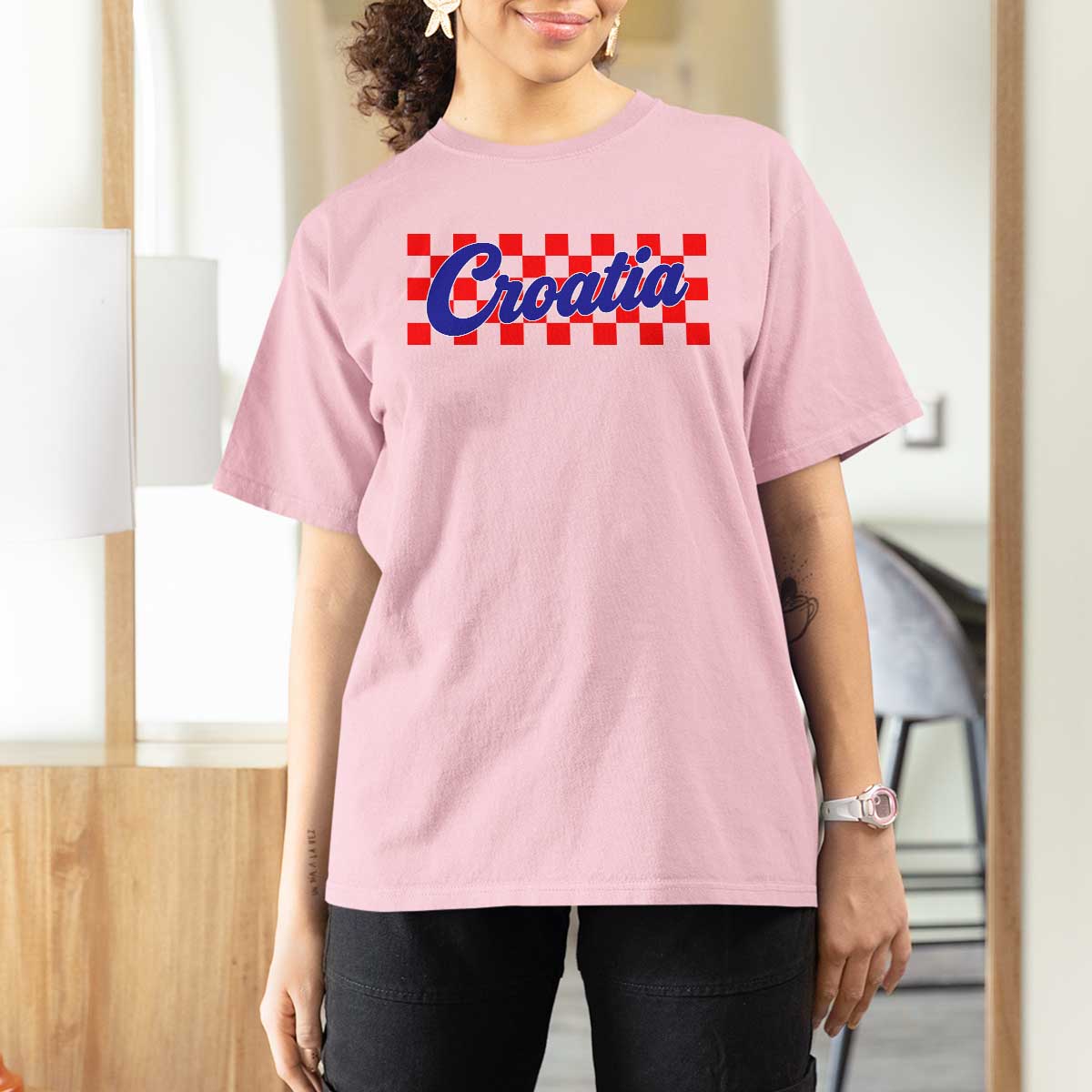 Croatia T Shirt For Women Checkered Retro Hrvatska Zagreb Croatian