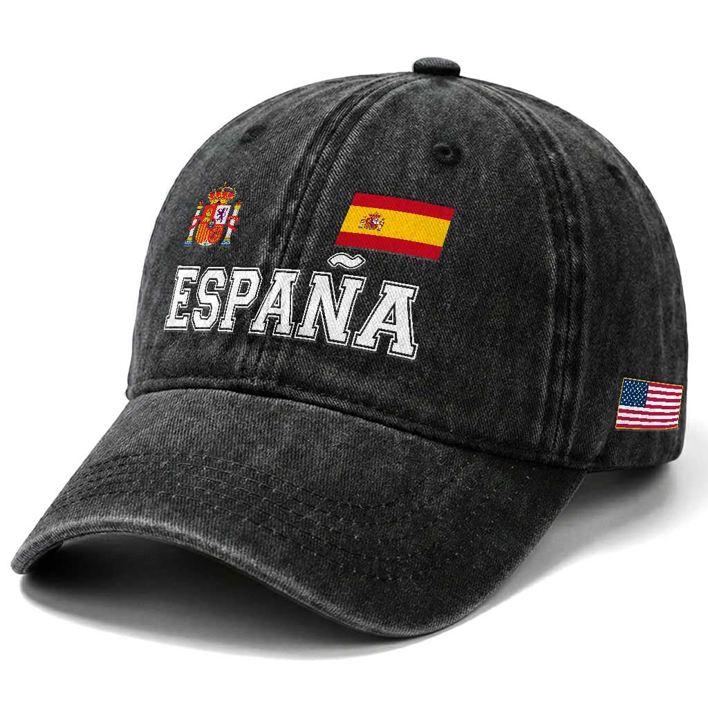 Spain Espana Washed Cotton Baseball Cap Vintage Spanish Flag Royal Crest Graphic