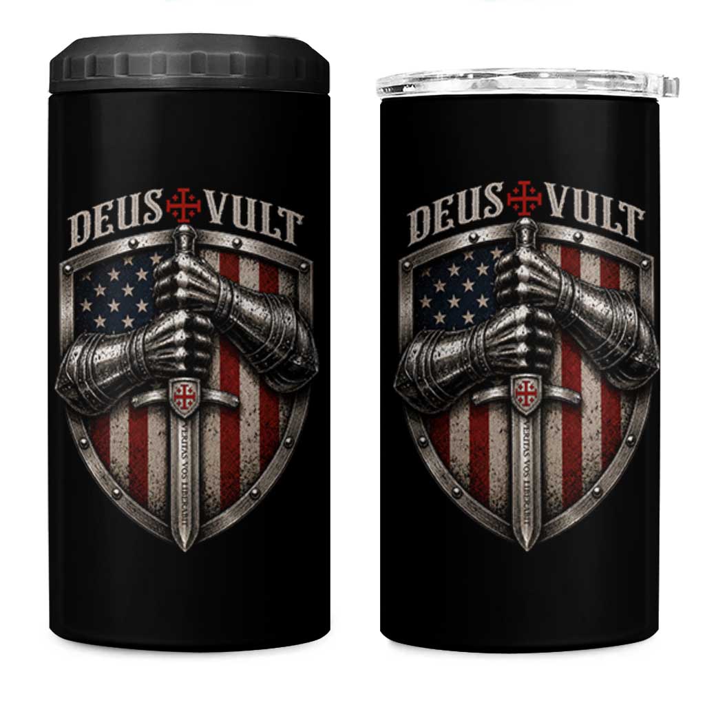 Catholic Knight Templar Crusader 4 in 1 Can Cooler Tumbler Rertro Deus Vult American Flag