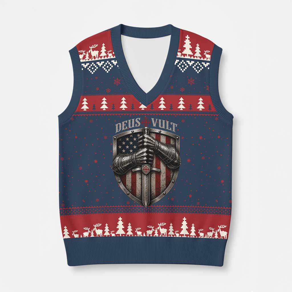 Catholic Knight Templar Crusader V-Neck Knit Sweater Vest Rertro Deus Vult American Flag