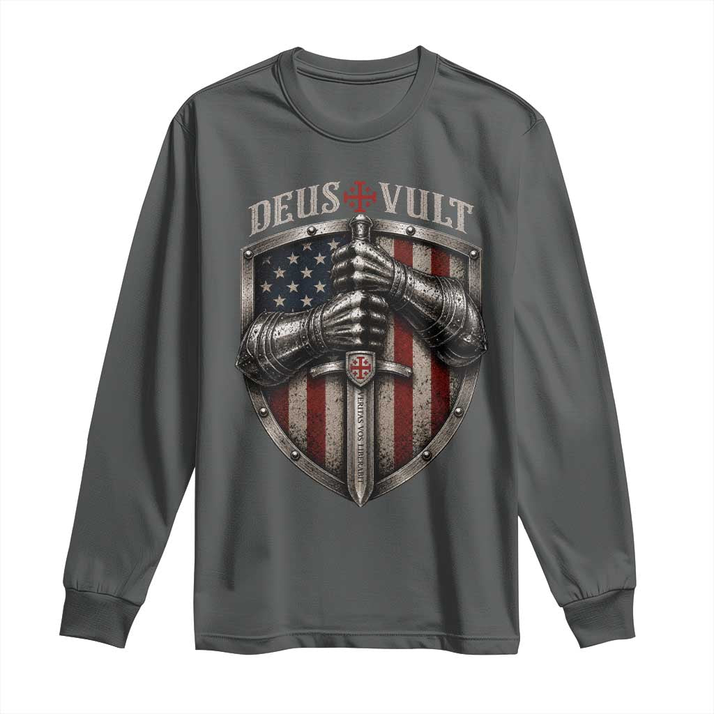 Catholic Knight Templar Crusader Long Sleeve Shirt Rertro Deus Vult American Flag