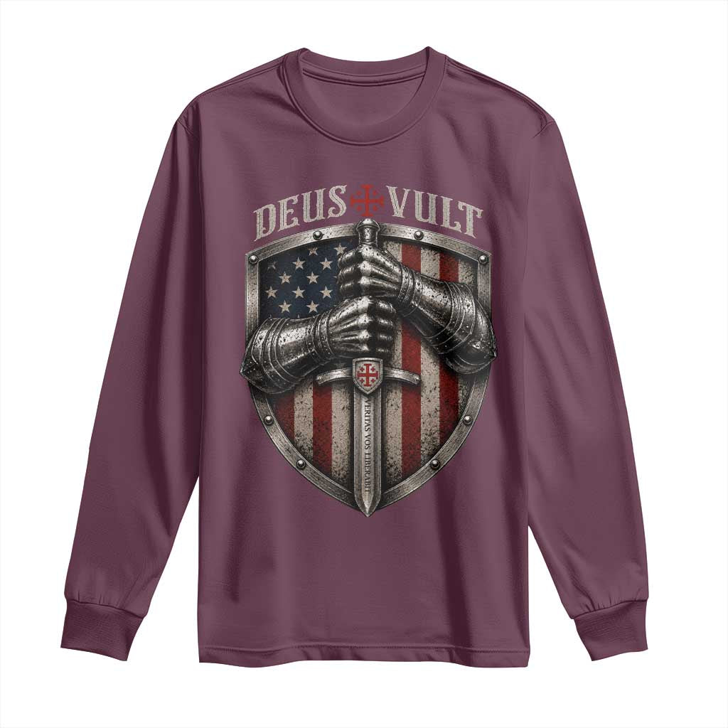 Catholic Knight Templar Crusader Long Sleeve Shirt Rertro Deus Vult American Flag