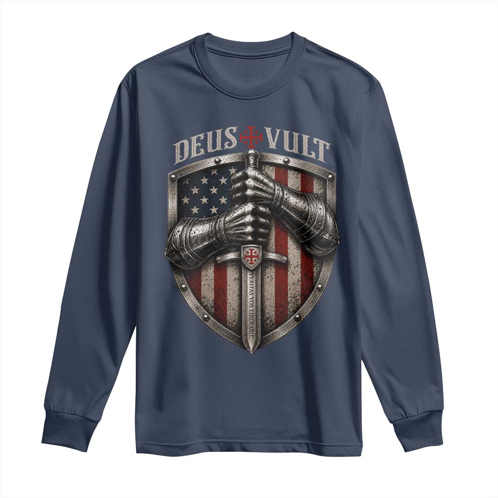 Catholic Knight Templar Crusader Long Sleeve Shirt Rertro Deus Vult American Flag