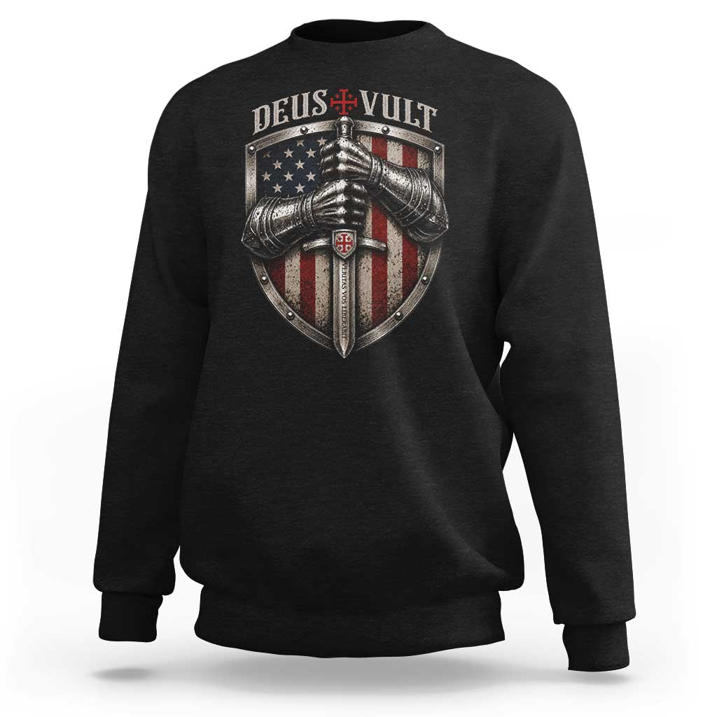Catholic Knight Templar Crusader Sweatshirt Rertro Deus Vult American Flag