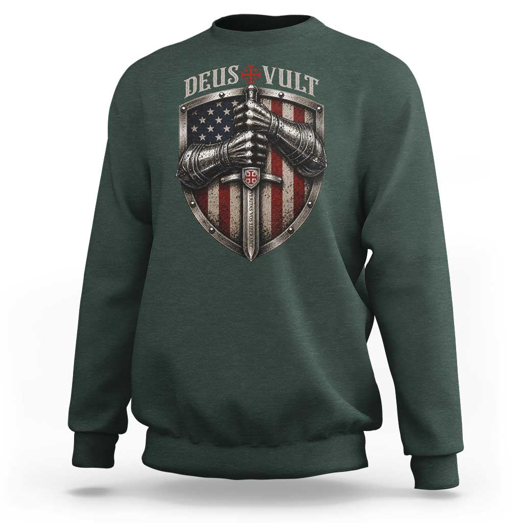 Catholic Knight Templar Crusader Sweatshirt Rertro Deus Vult American Flag