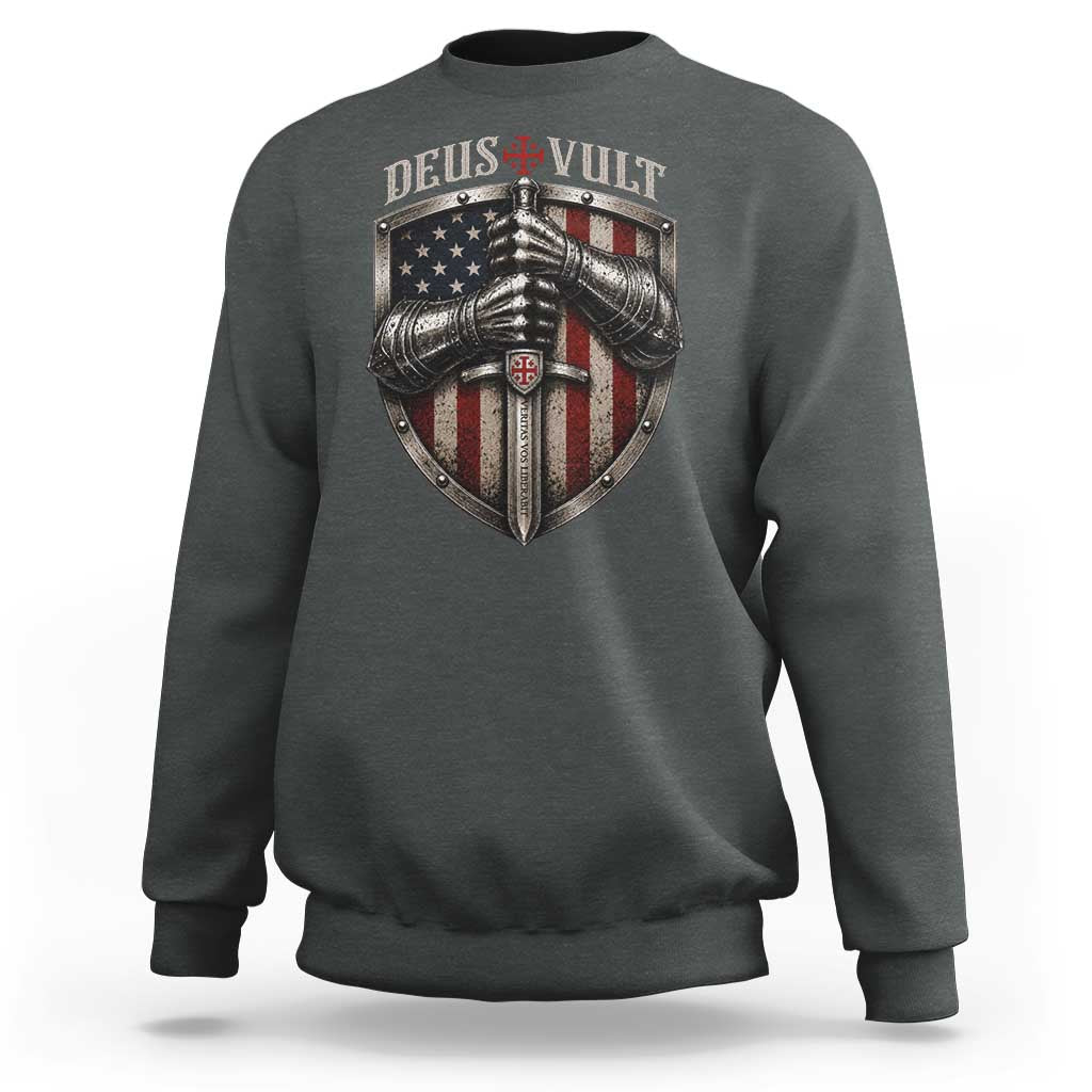 Catholic Knight Templar Crusader Sweatshirt Rertro Deus Vult American Flag