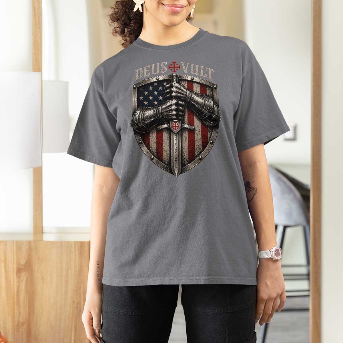 Catholic Knight Templar Crusader T Shirt For Women Rertro Deus Vult American Flag