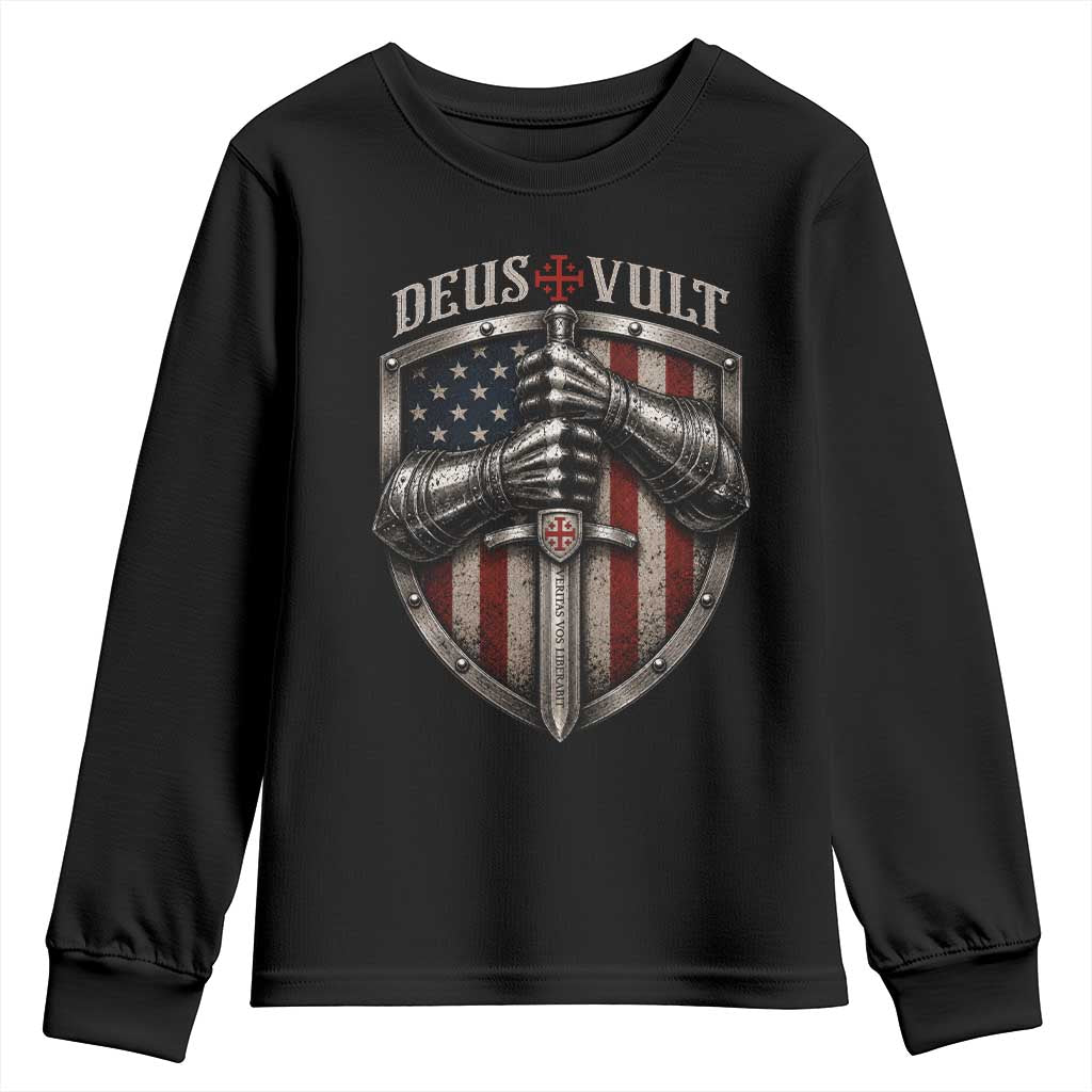Catholic Knight Templar Crusader Youth Sweatshirt Rertro Deus Vult American Flag