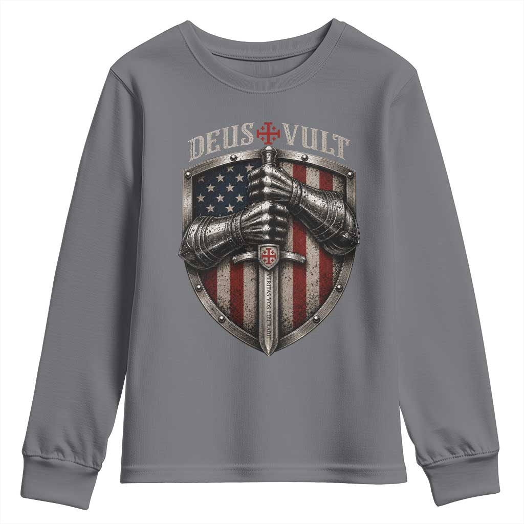 Catholic Knight Templar Crusader Youth Sweatshirt Rertro Deus Vult American Flag