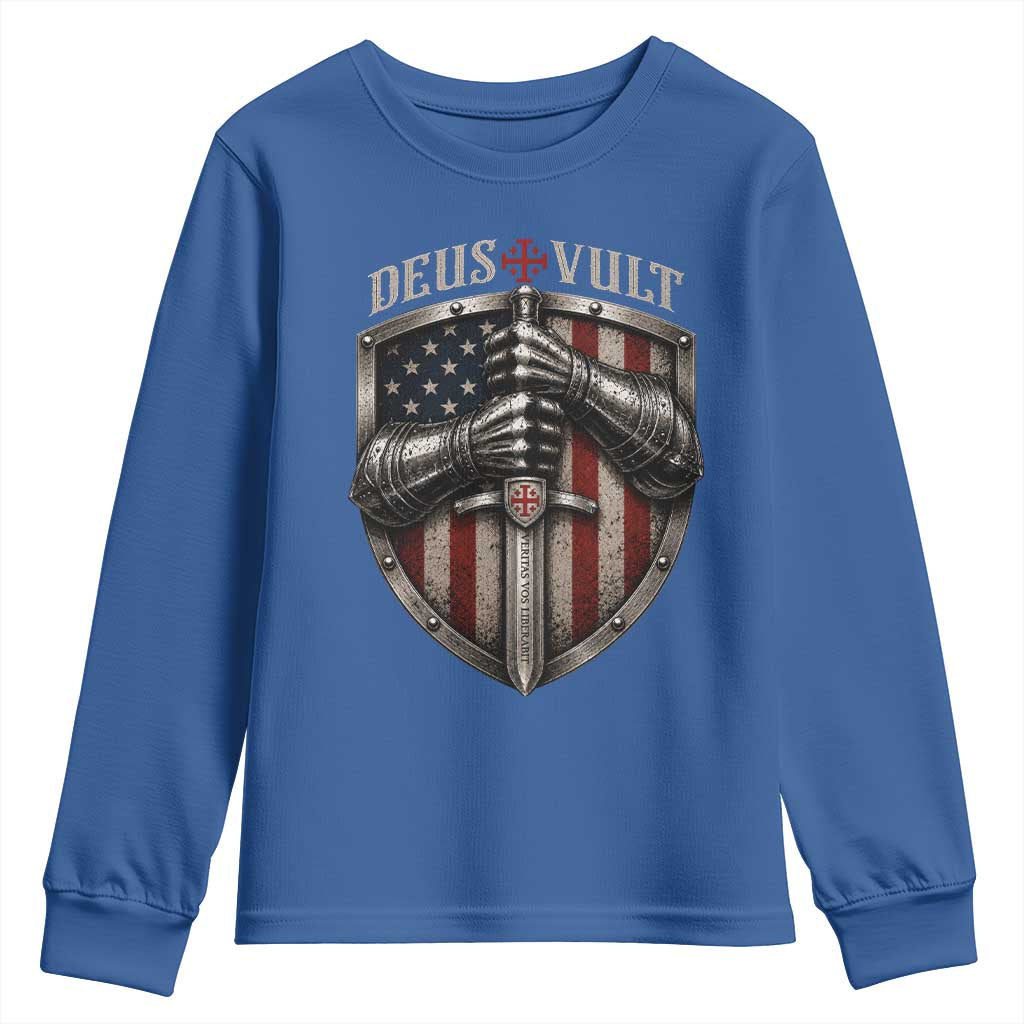 Catholic Knight Templar Crusader Youth Sweatshirt Rertro Deus Vult American Flag
