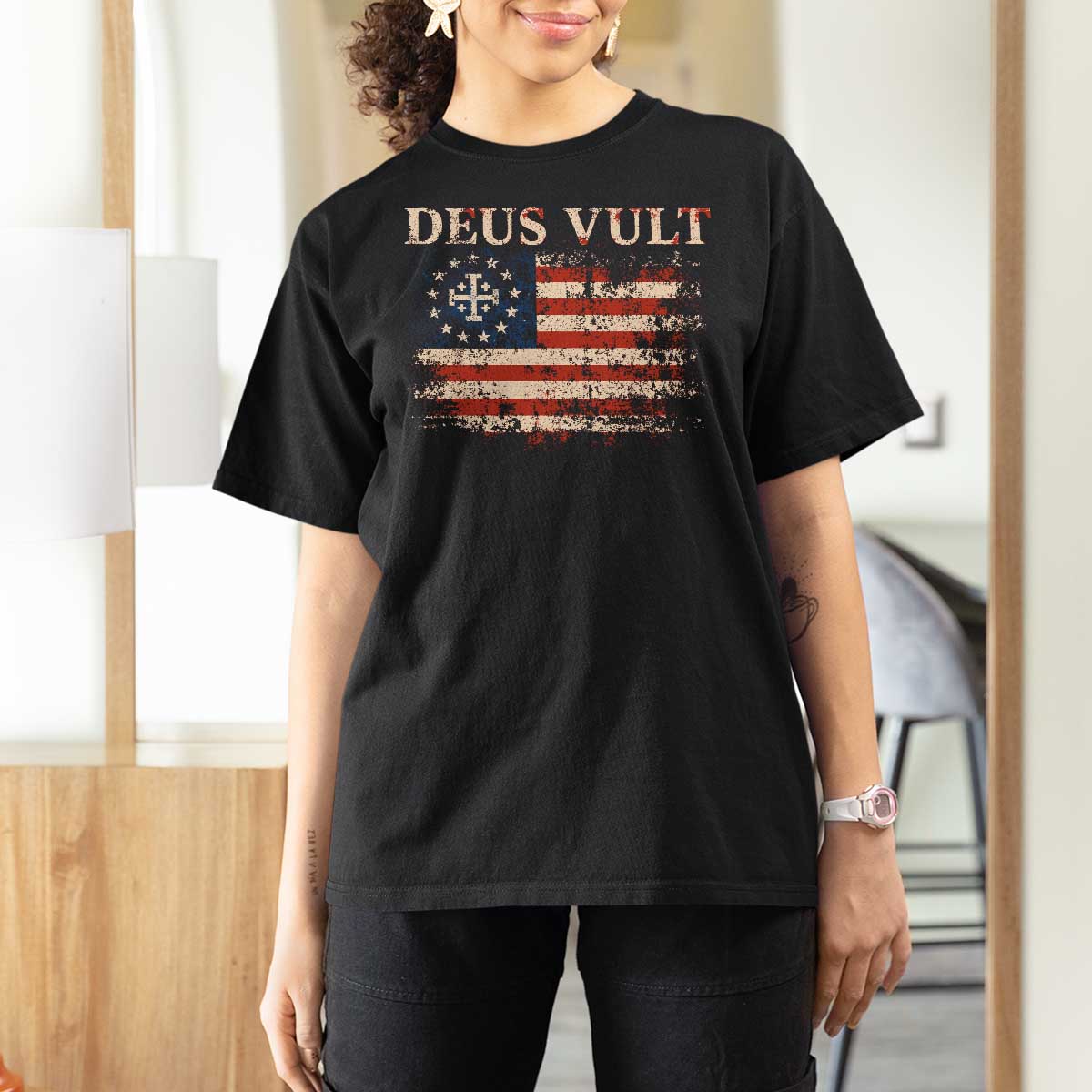 Catholic Knight Templar Crusader Cross T Shirt For Women Vintage American Flag