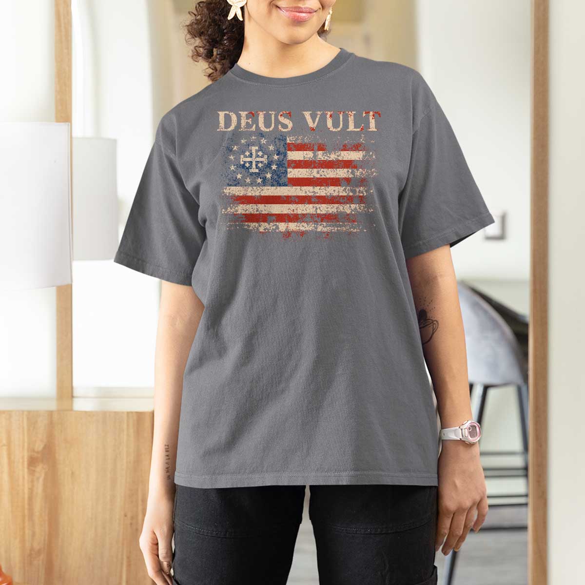 Catholic Knight Templar Crusader Cross T Shirt For Women Vintage American Flag