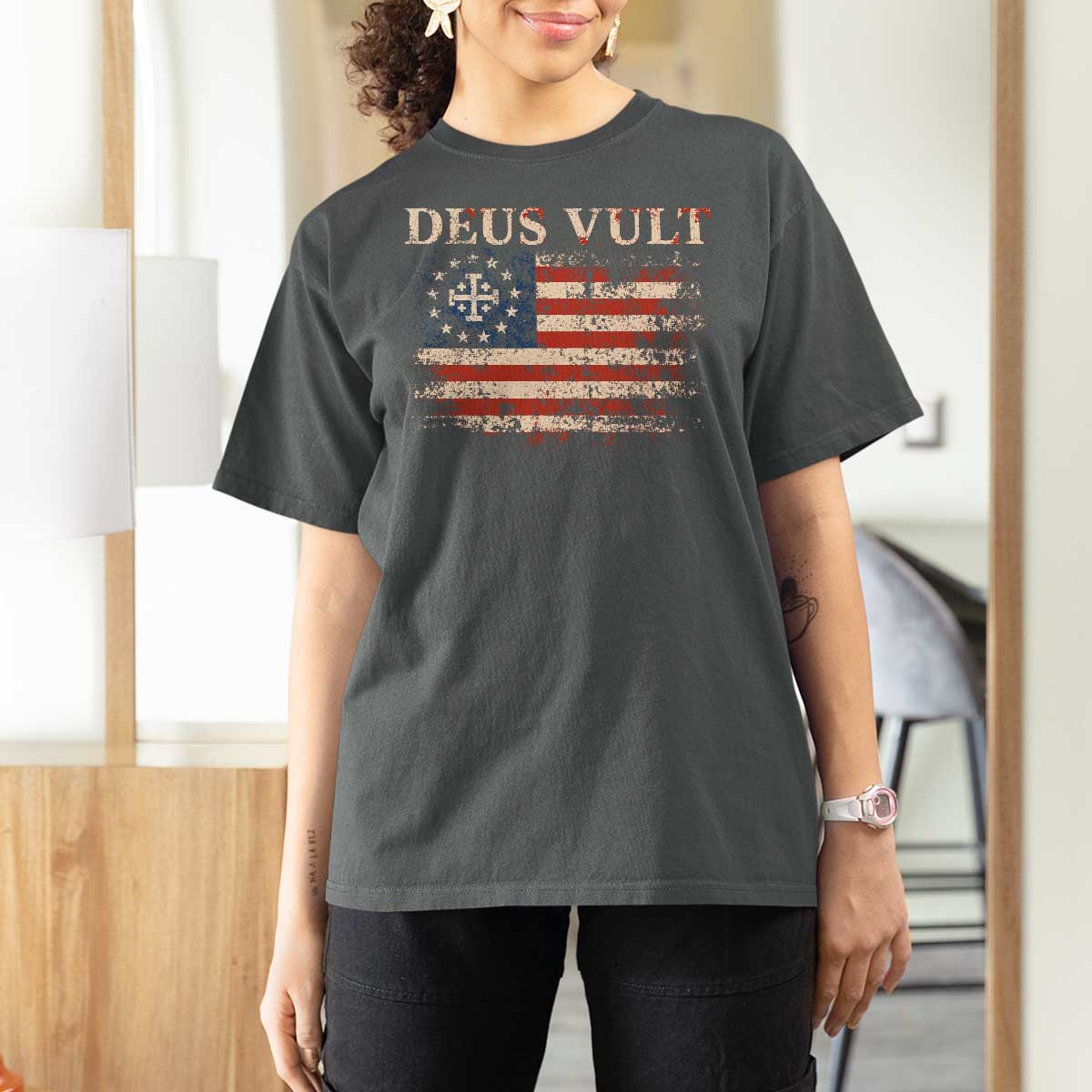 Catholic Knight Templar Crusader Cross T Shirt For Women Vintage American Flag