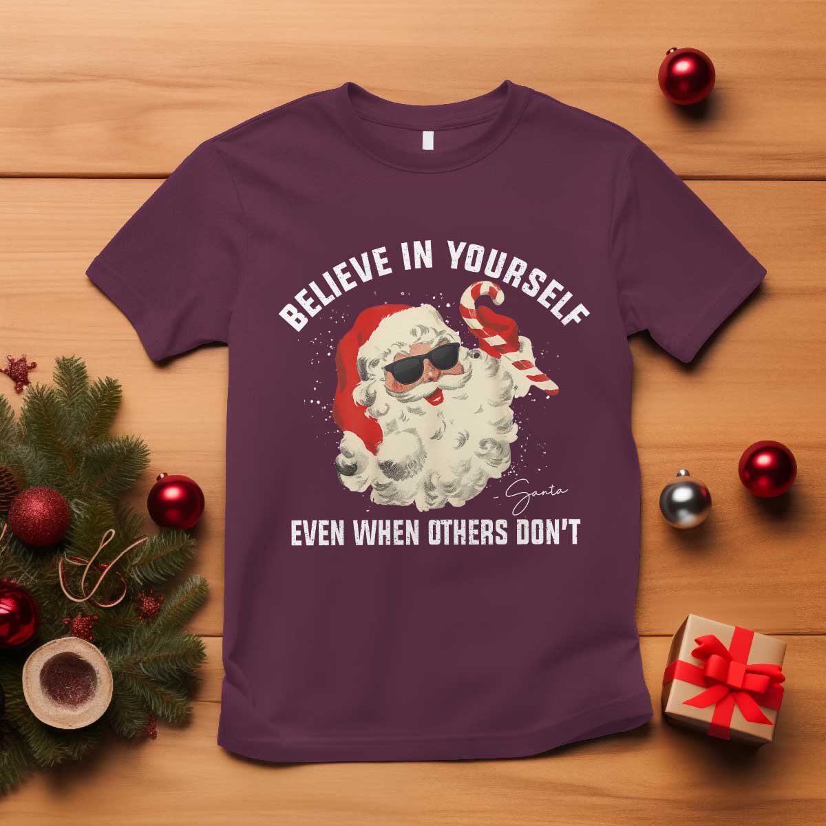 Vintage Christmas Santa Claus Face T Shirt Retro Believe In Yourself Funny Motivational - Wonder Print Shop