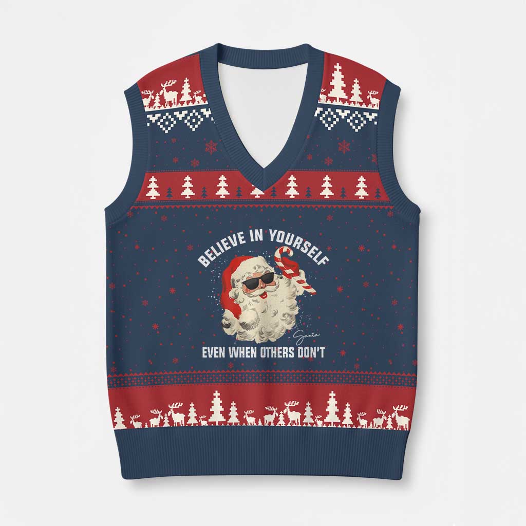 Vintage Xmas Santa Claus Face V-Neck Knit Sweater Vest Retro Believe In Yourself Funny Motivational - Wonder Print Shop