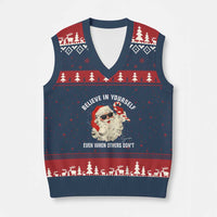 Vintage Xmas Santa Claus Face V-Neck Knit Sweater Vest Retro Believe In Yourself Funny Motivational - Wonder Print Shop