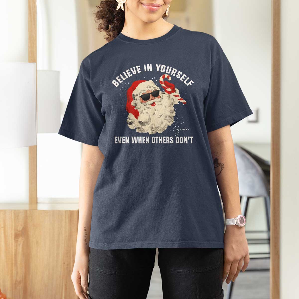 Vintage Christmas Santa Claus Face T Shirt For Women Retro Believe In Yourself Funny Motivational - Wonder Print Shop