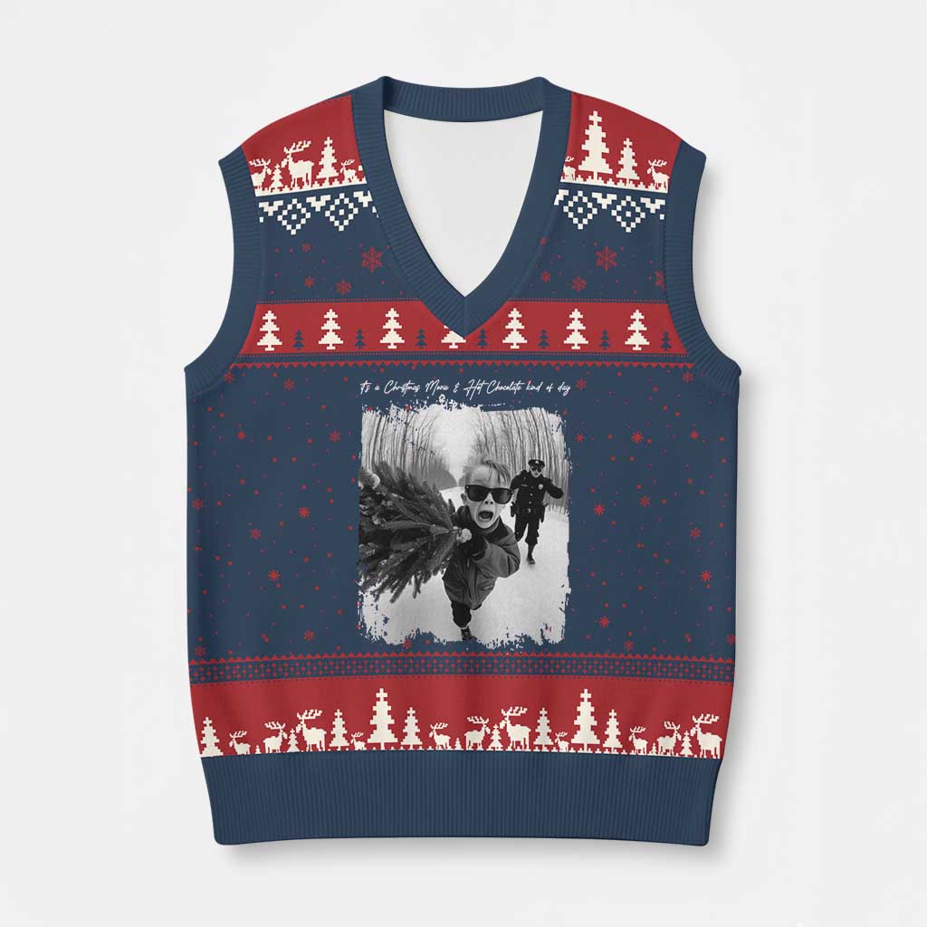 Funny Xmas Movie V-Neck Knit Sweater Vest Funny Kevin Home Xmas Meme Alone - Wonder Print Shop