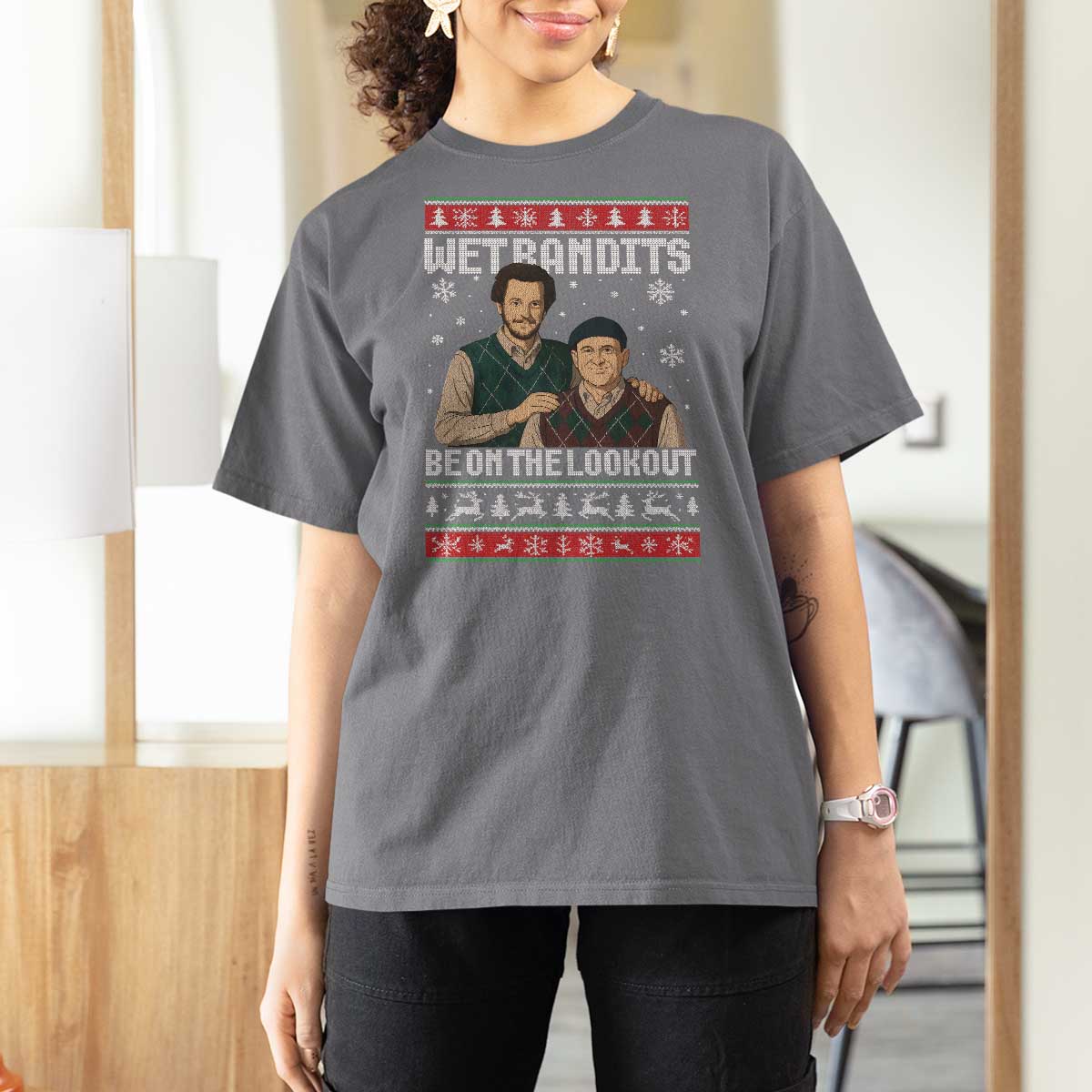 Ugly Christmas Movie T Shirt For Women Funny Wet Bandits Home Xmas Alone - Wonder Print Shop