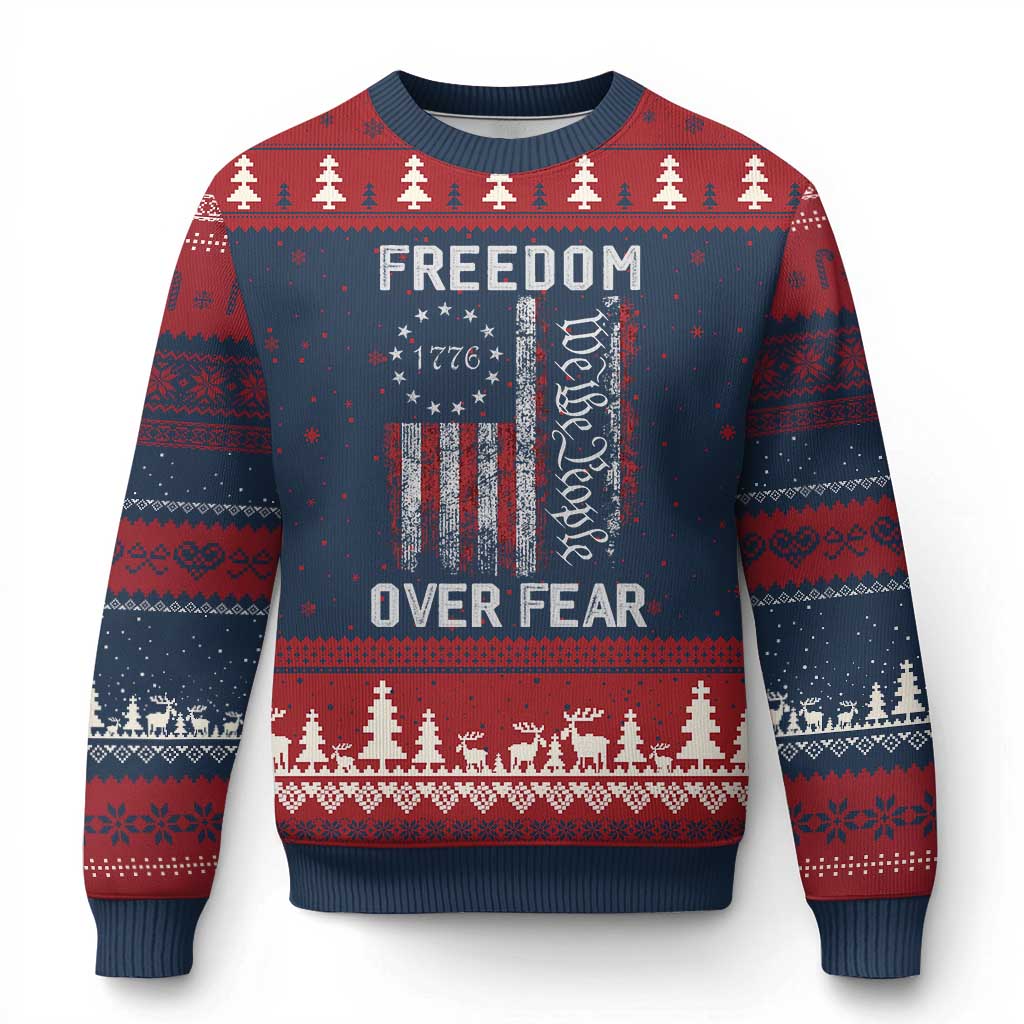 Freedom Over Fear Ugly Christmas Sweater Vintage US American Flag - Wonder Print Shop