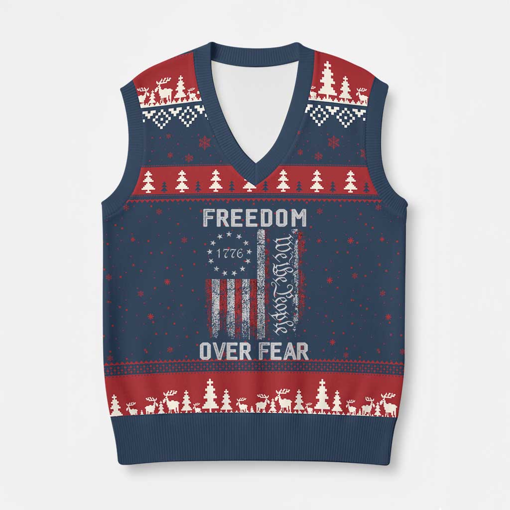 Freedom Over Fear V-Neck Knit Sweater Vest Vintage US American Flag - Wonder Print Shop