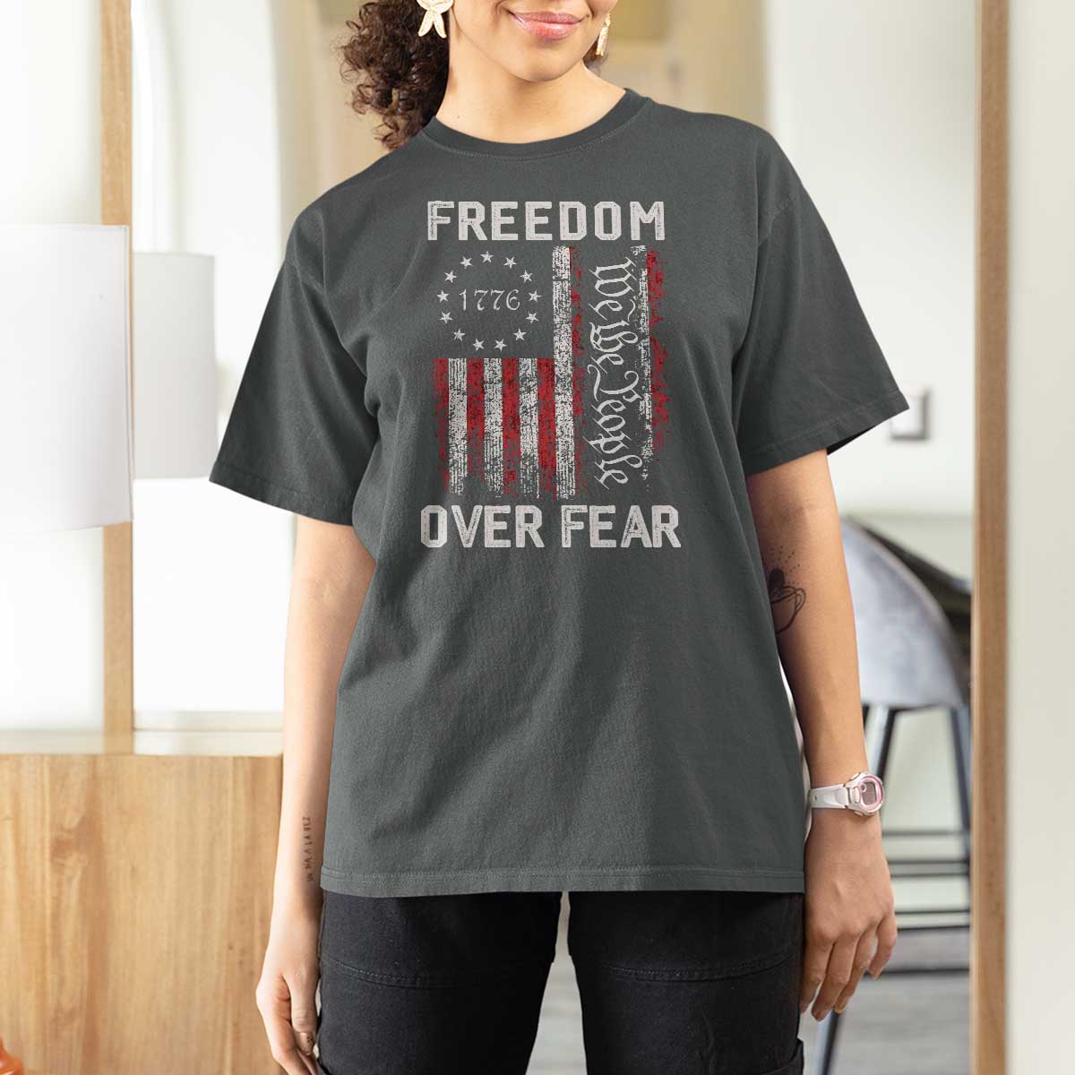 Freedom Over Fear T Shirt For Women Vintage US American Flag - Wonder Print Shop