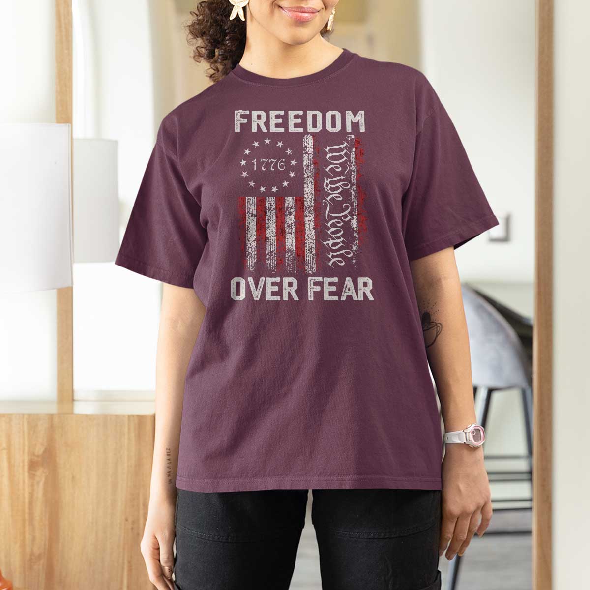 Freedom Over Fear T Shirt For Women Vintage US American Flag - Wonder Print Shop