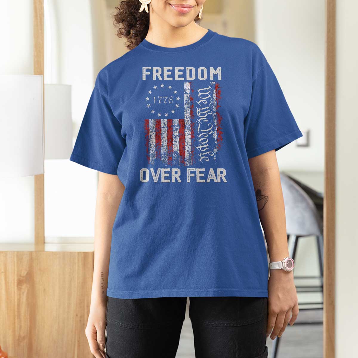 Freedom Over Fear T Shirt For Women Vintage US American Flag - Wonder Print Shop