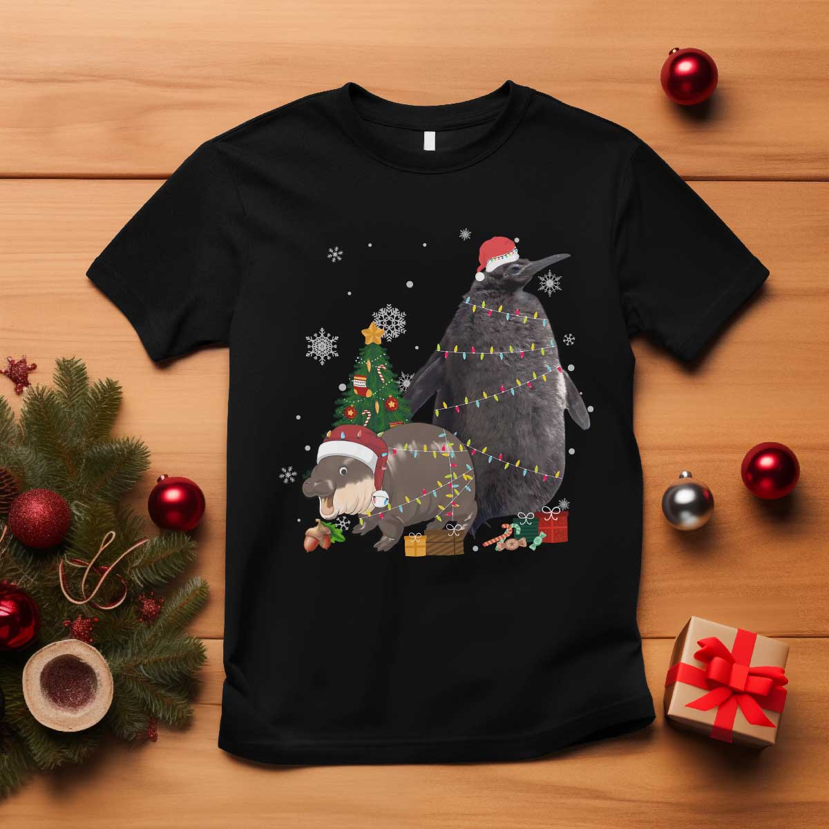 Christmas Pesto and Moo Deng Friendship T Shirt King Penguin Baby Hippo Viral Meme - Wonder Print Shop