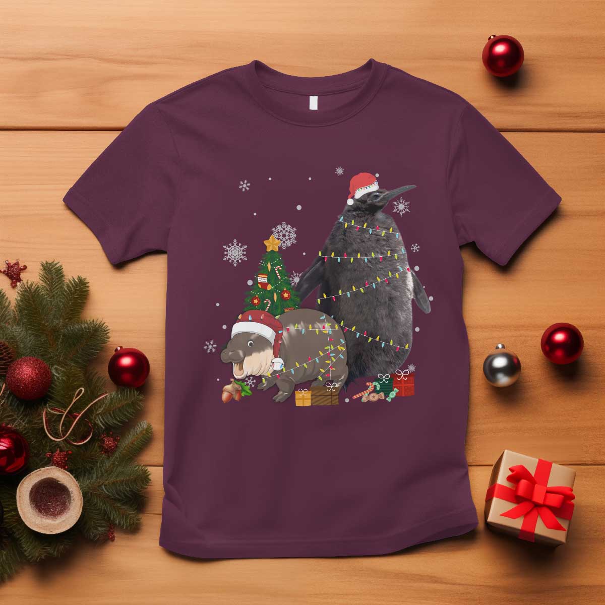 Christmas Pesto and Moo Deng Friendship T Shirt King Penguin Baby Hippo Viral Meme - Wonder Print Shop