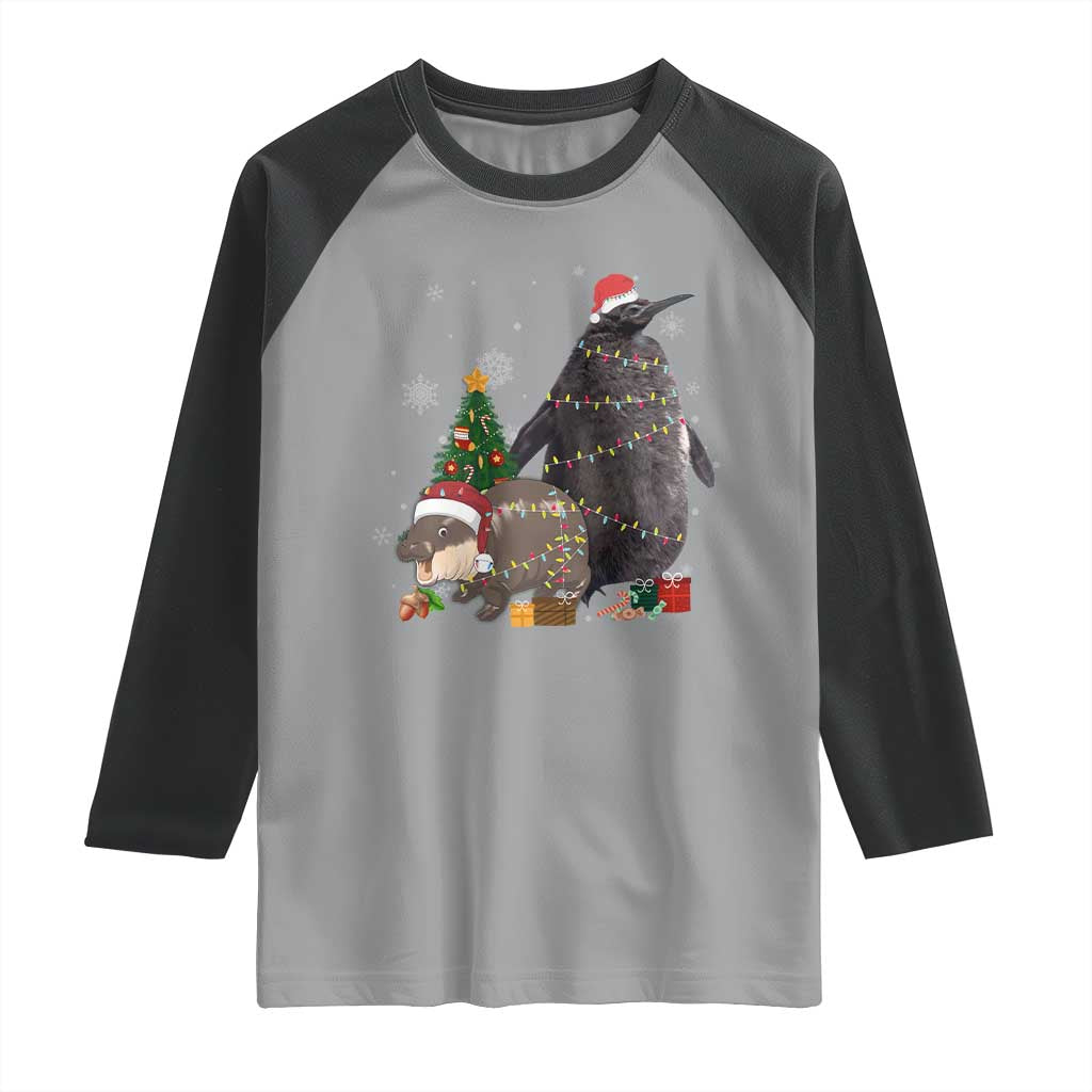 Christmas Pesto and Moo Deng Friendship Raglan Shirt King Penguin Baby Hippo Viral Meme