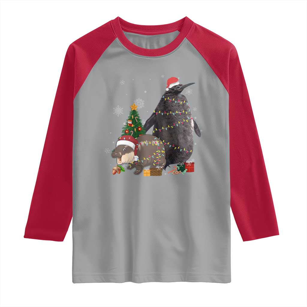 Christmas Pesto and Moo Deng Friendship Raglan Shirt King Penguin Baby Hippo Viral Meme