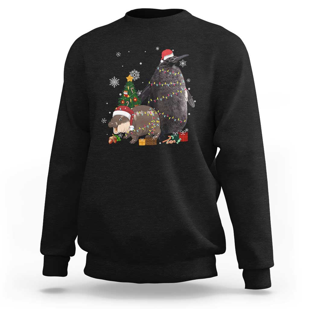 Christmas Pesto and Moo Deng Friendship Sweatshirt King Penguin Baby Hippo Viral Meme - Wonder Print Shop