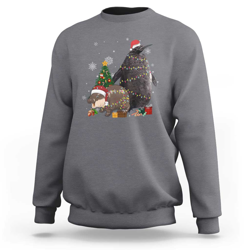 Christmas Pesto and Moo Deng Friendship Sweatshirt King Penguin Baby Hippo Viral Meme - Wonder Print Shop