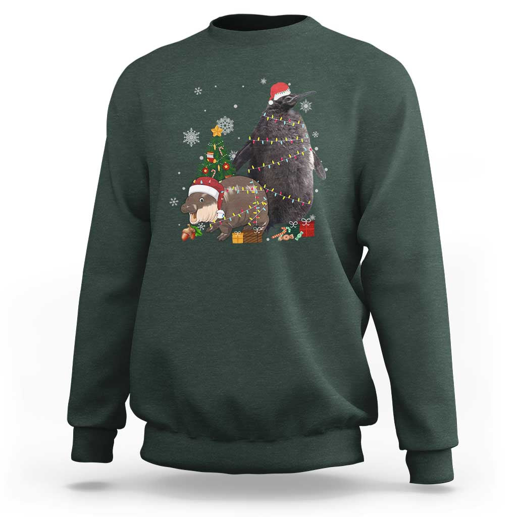 Christmas Pesto and Moo Deng Friendship Sweatshirt King Penguin Baby Hippo Viral Meme - Wonder Print Shop