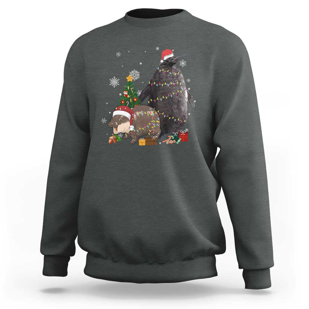 Christmas Pesto and Moo Deng Friendship Sweatshirt King Penguin Baby Hippo Viral Meme - Wonder Print Shop