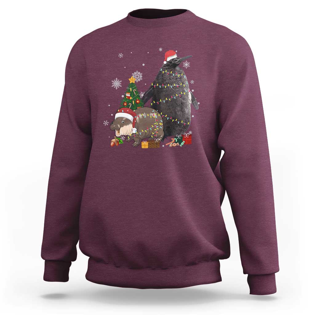 Christmas Pesto and Moo Deng Friendship Sweatshirt King Penguin Baby Hippo Viral Meme - Wonder Print Shop