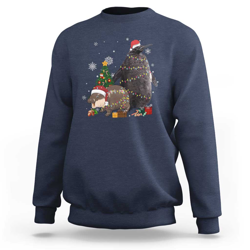 Christmas Pesto and Moo Deng Friendship Sweatshirt King Penguin Baby Hippo Viral Meme - Wonder Print Shop