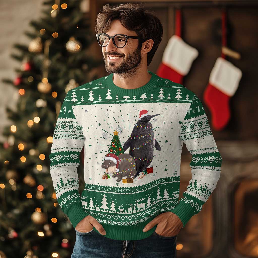 Christmas Pesto and Moo Deng Friendship Ugly Christmas Sweater King Penguin Baby Hippo Viral Meme - Wonder Print Shop
