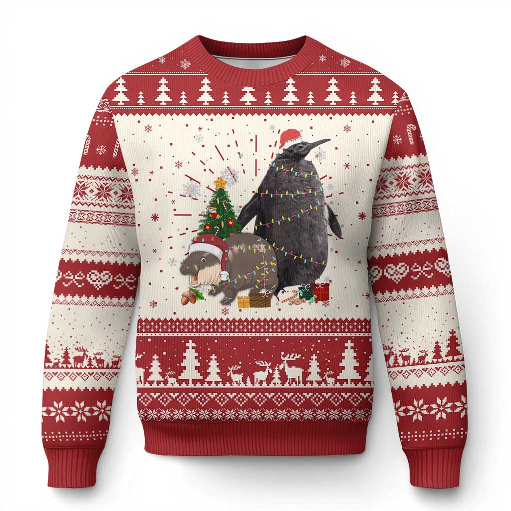 Christmas Pesto and Moo Deng Friendship Ugly Christmas Sweater King Penguin Baby Hippo Viral Meme - Wonder Print Shop