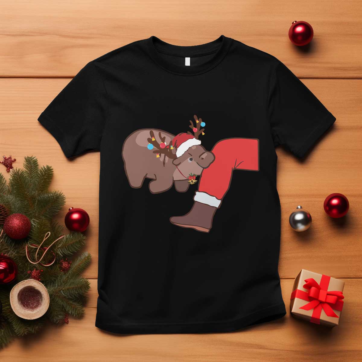 Funny Moo-Deng Christmas T Shirt MooDengMas Xmas Baby Pygmy Hippo Cute Zoo For Family Tee - Wonder Print Shop