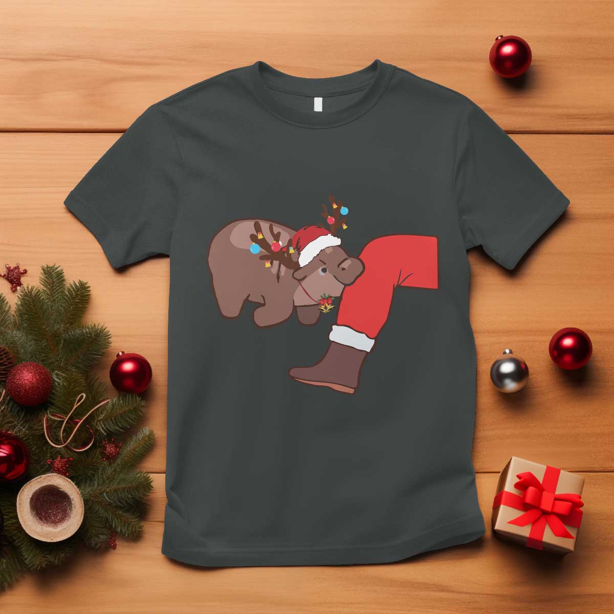 Funny Moo-Deng Christmas T Shirt MooDengMas Xmas Baby Pygmy Hippo Cute Zoo For Family Tee - Wonder Print Shop